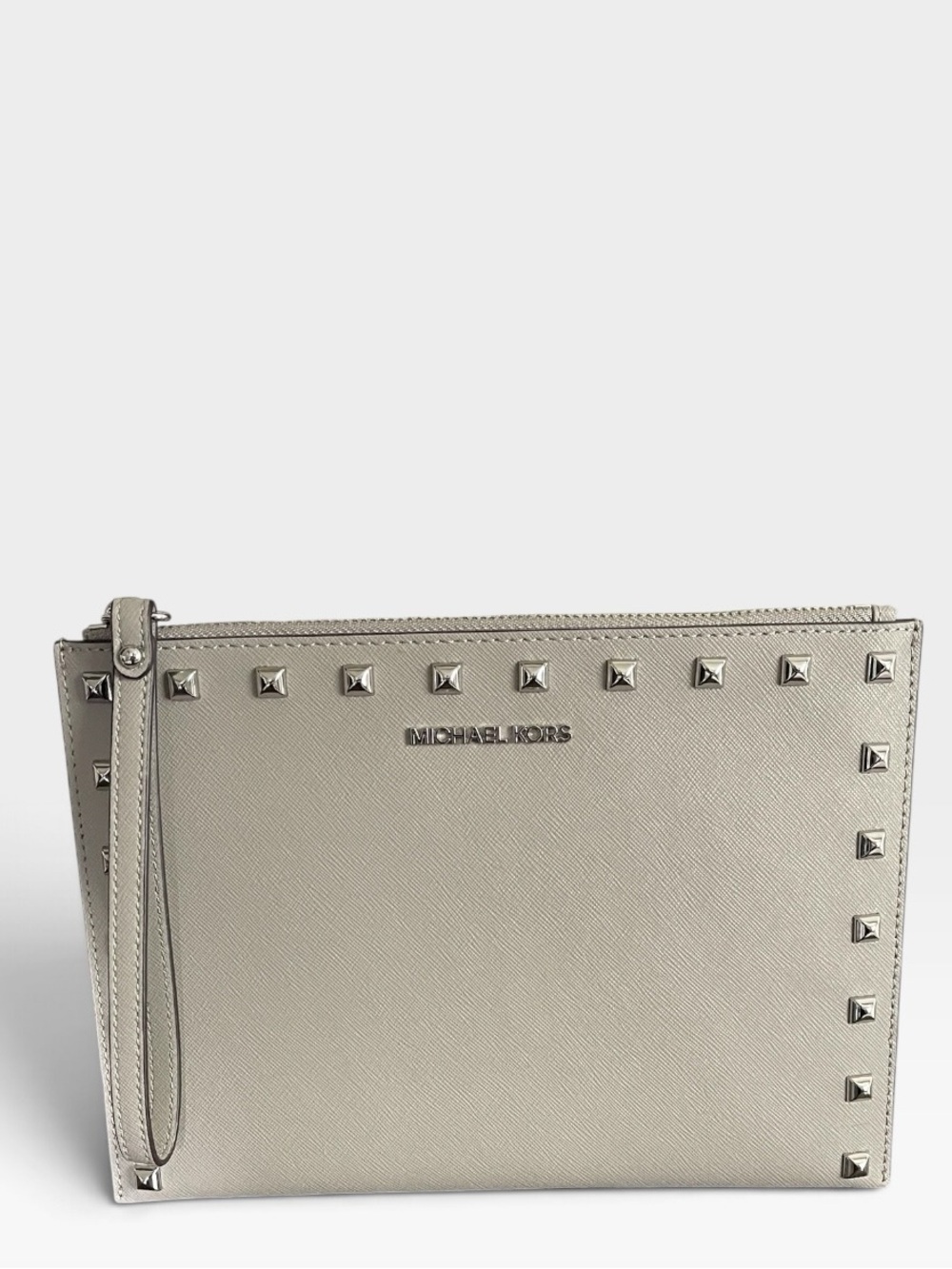 Michael Kors Jet Set Travel XL Studded Leather Wristlet Pearl Grey NWT